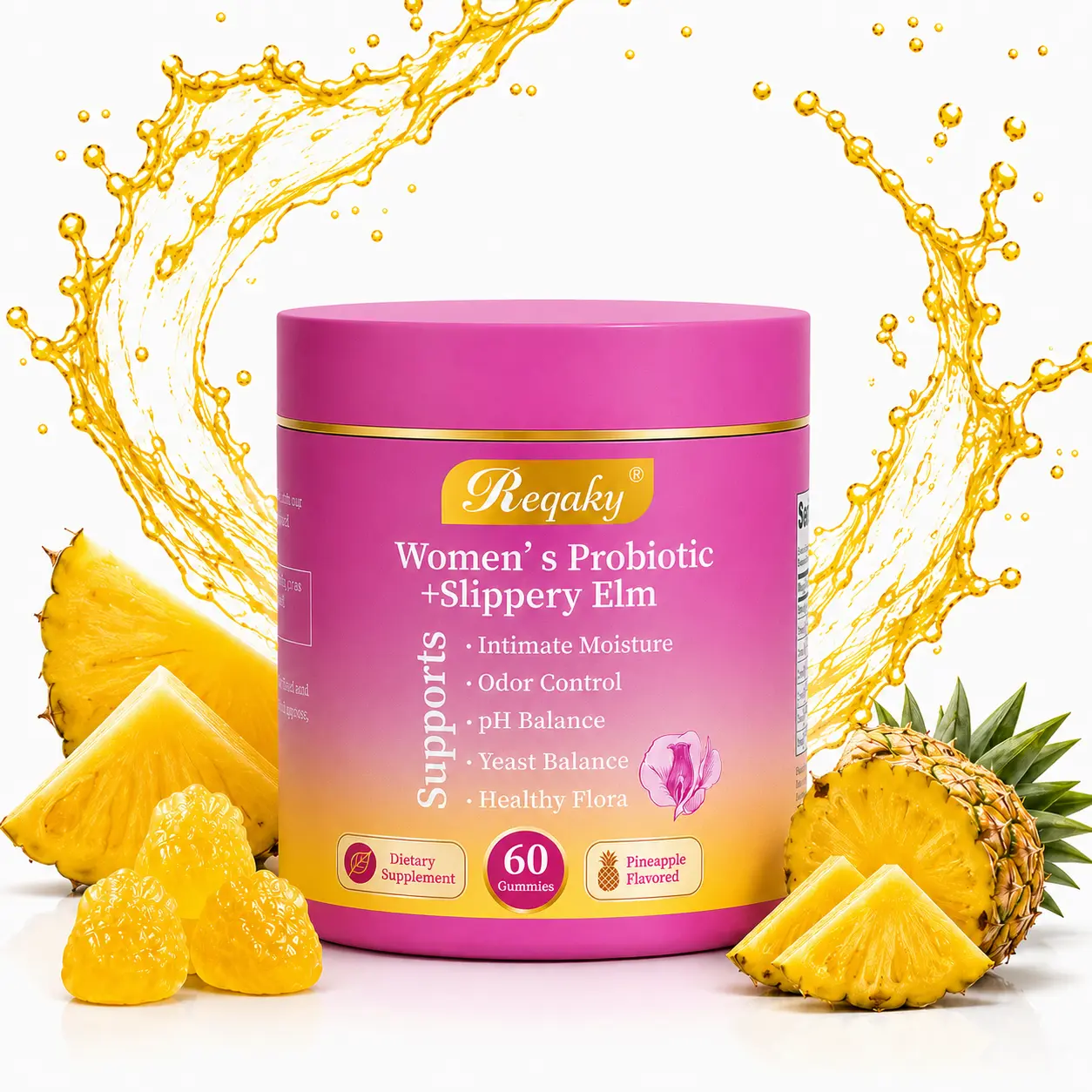 Her Juicy Women’s Probiotic Gummies with Prebiotics, Slippery Elm & Lactobacillus Blend, pH Balance Support, Hawaiian Pineapple, 60 Count Healthcare
