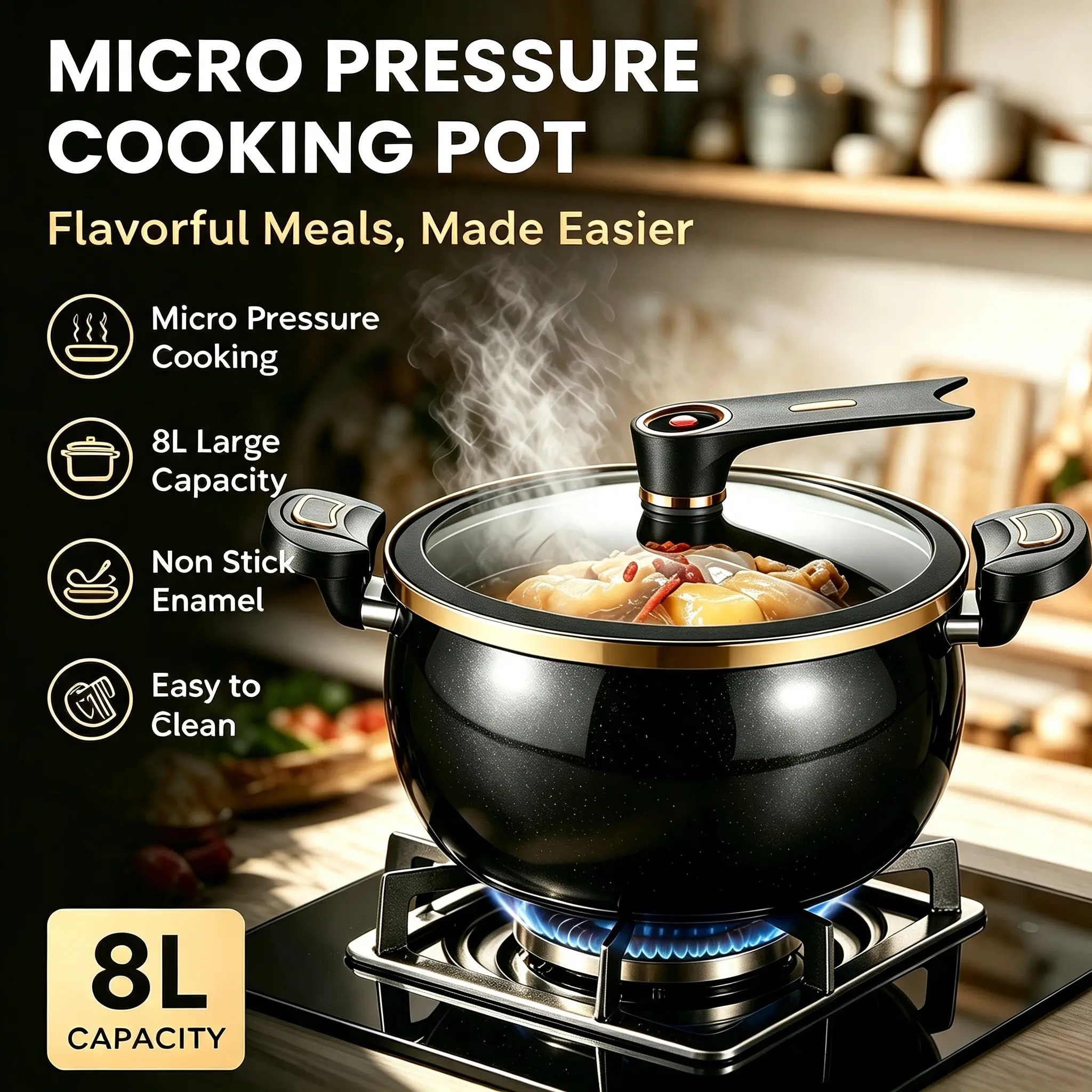 8L Enamel‑Coated Micro Pressure Cooking Pot, Non‑Stick Multi‑Function Stock Pot with Auto Steam Release Valve, Heat‑Resistant Anti‑Scald Handles & Standable Explosion‑Proof Glass Lid, Fast Even Heating for Nutritious Family Meals, Daily Home Kitchen Use