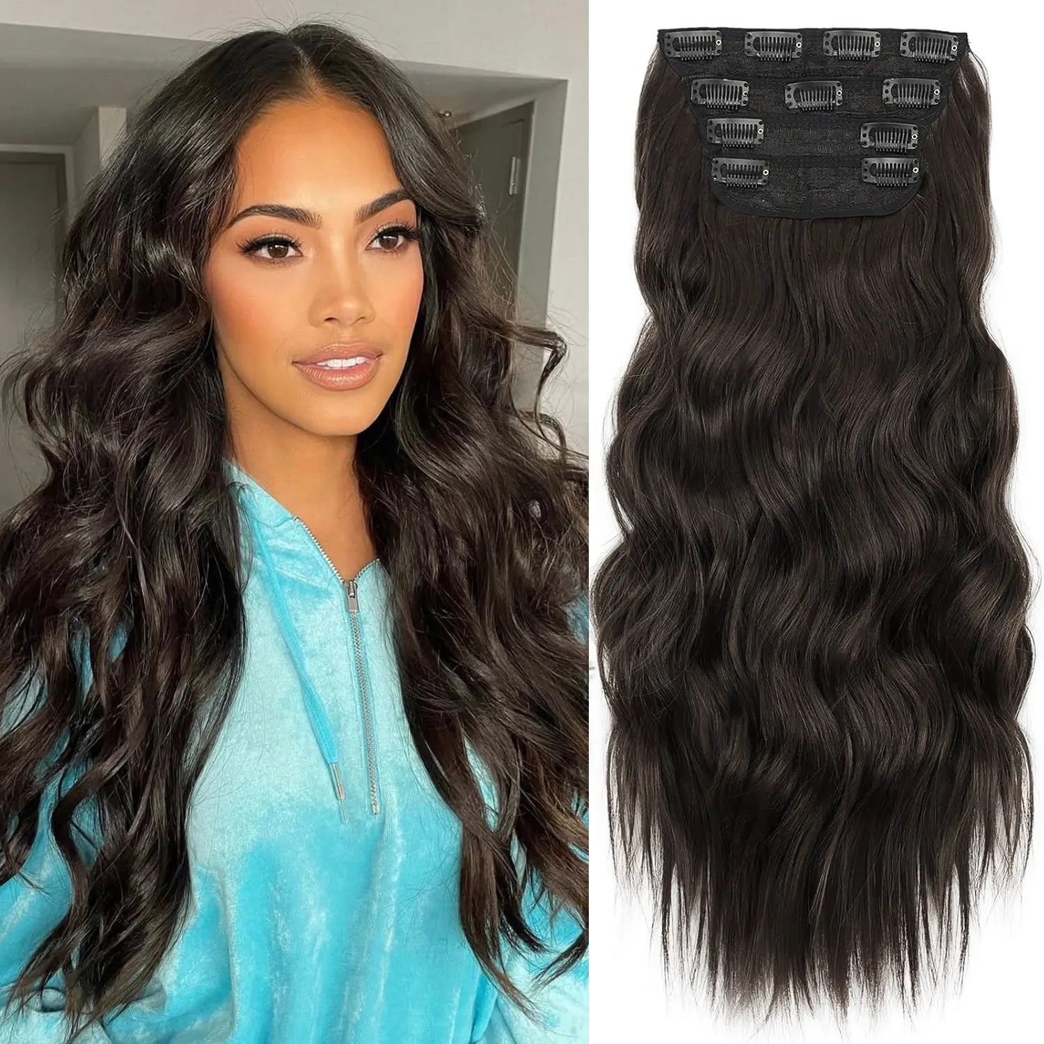 Women's Clip-in Hair Extensions, 4PCS 20-Inch Synthetic Hairpieces with Natural Wavy Texture Blends In, Bb Clips Grip Gently, Comfy Wear, Natural Black Pink, Hair Extension