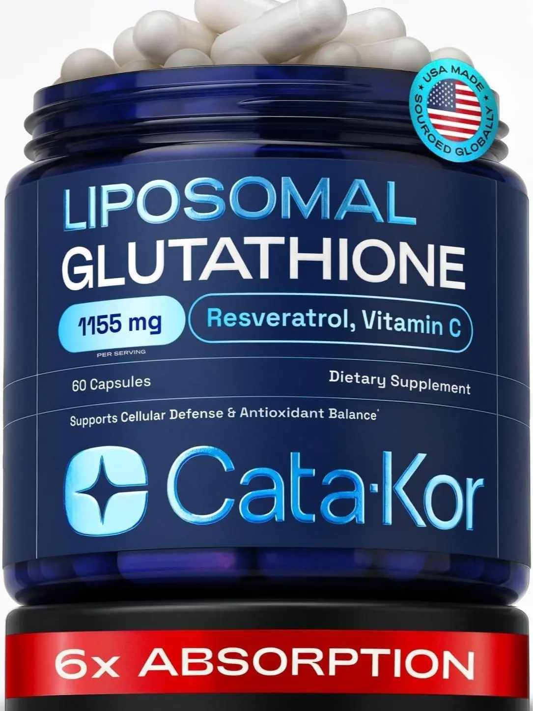 Cata-Kor Liposomal Glutathione – Ultra High Absorption with Resveratrol, Vitamin C, Selenium & Vitamin B2 (60 Count (Pack of 1))