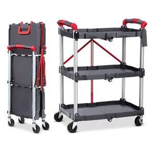 3-Tier Folding Utility Cart for Office & Home – Portable Collapsible Service Cart, 150 lbs Capacity, 360° Rotating Lockable Wheels, No Assembly, Multi-Purpose Rolling Organizer