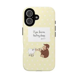 Yellow Polka Dot Bible Verse Phone Case, Cute Monkey and Sheep Design with ‘If You Love Me, Feed My Sheep’ Quote, curious george protective cover
