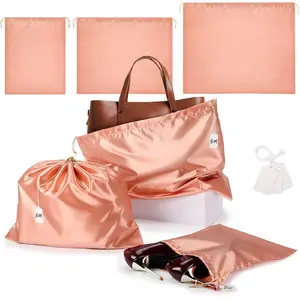 Small Medium Large Satin Drawstring Bags with Blank Tags, 3pcs Dustproof Packing Bag Travel Essentials Organizer, Pink Orange Dustbags for Handbags Closet Storage Jewelry Shoes Purse Organization