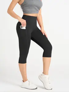 Women's Solid High Waist Stretchy Sports Capri Side Pocket Leggings, Casual Comfy Breathable Skinny Pants for Yoga Gym Workout Running, Ladies Sportswear for Summer, Activewear Fitness Gym Sportswear Bottoms