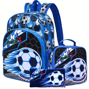 Primary school student football-themed pattern large-capacity backpack for both shoulders, children's boys' school three-piece schoolbag set, suitable for students for the school start-up season, going to school, and boys' travel storage bag