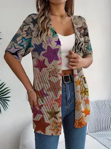 Spring and summer women's diagonal striped hollow-out knitted cardigan, bohemian vacation style, contrast color star print, short sleeve, open front without buttons, versatile outwear for vests, beach cover-up.