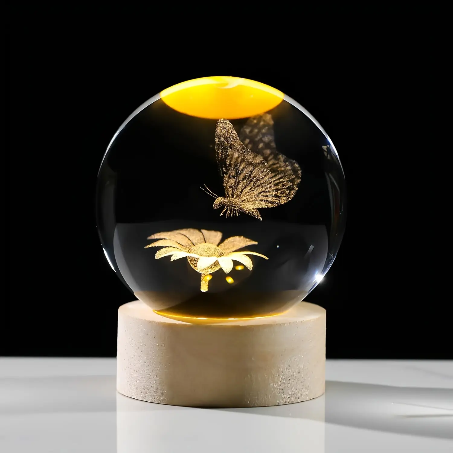 1pc 3D Butterfly Crystal Ball with Multi Color Lighting Base, Butterfly on Sunflower Style Nightlight, Ideas for Home Bedroom Decoration Gift, Birthday, Wedding, Mother's Day Gift for Girlfriend, Wife, Mom, and Couple
