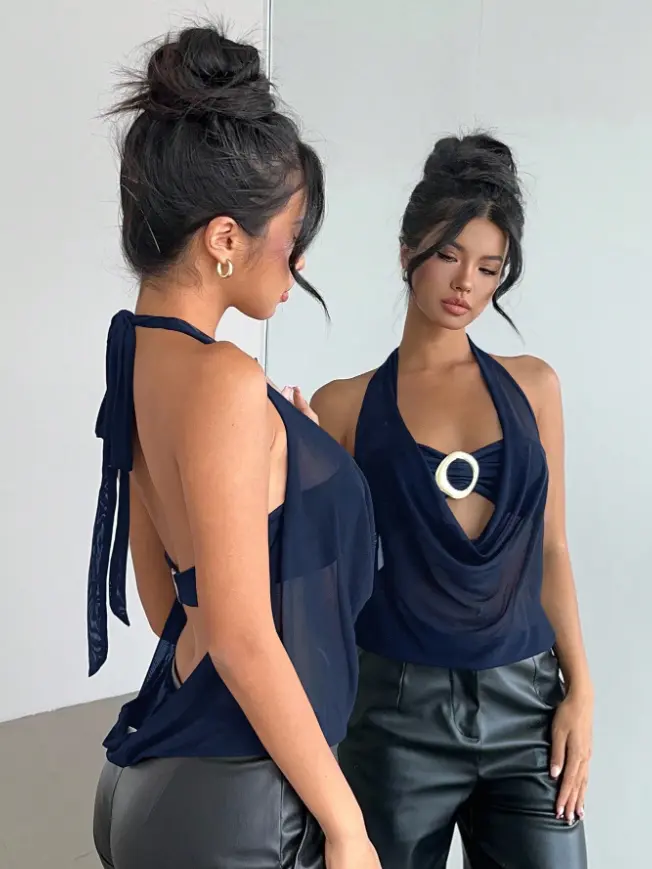 Navy Blue New Sexy Semi-Sheer Plunging Neck Halter Backless Top With Metallic Decor Fashion Holiday For Women Vacation Women Summer Spring Street Chic
