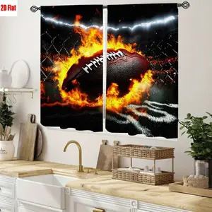 2D Flat 2Pcs Football Fire Pattern Curtains with Chain Link Fence and Stadium Lights, Dynamic Action Decor, High Definition Digital Print, Intense Sports Style, All-Season for Home Living Room Bedroom Man Cave Decoration