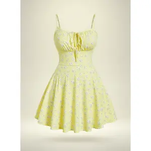 Floral Daisy Mini Dress Women | Spaghetti Strap Ruched Tie-Front Camisole Dress | A-Line Ribbed Sundress | Cottagecore Summer Vacation Beach Outfit NONE