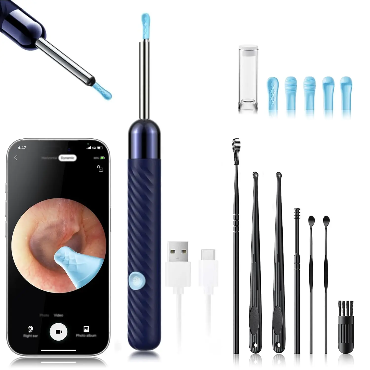 Ear Wax Removal Tool with 1080P HD Camera and 7 Pcs Ear Cleaning Kit Wireless Otoscope Ear Scope Ear Canal Cleaner with 6 Silicone Ear Spoons FSA HSA Eligible Ear Camera Compatible with iOS Android
