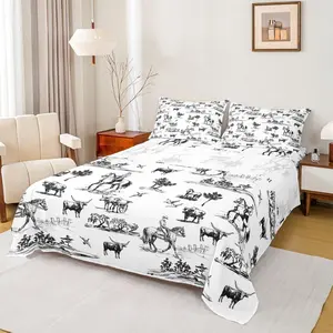 Western Sheet Set,Sketch Cowboy Cow and Horse Bedding Set Farm Animal Bed Sheet for Kids Boys Girls Adult