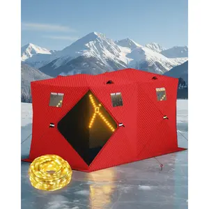 Pop Up Ice Fishing Shelter and Insulated Ice Fishing Tent with 49ft LED Light Strip, Windproof Portable Hub Design, Fits 1-8 People, 25-69 sq ft Fishable Area, Red