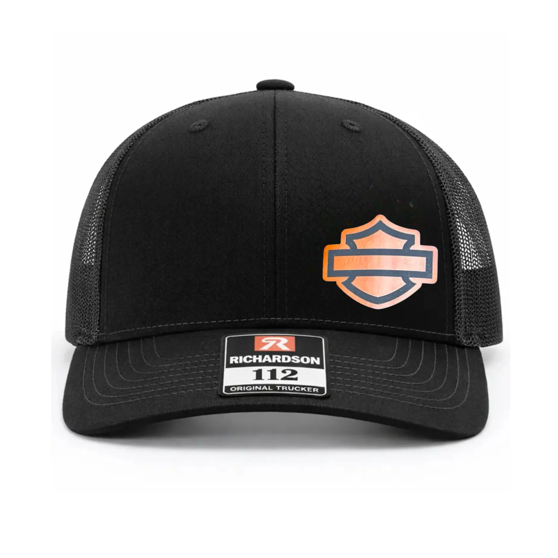 Motorcycle Leather Patch Trucker Hat - Richardson 112 Snapback Cap, Biker Mesh Back Hat for Men, Rider Lifestyle Hat, Black Leather Patch Cap, Motor Club Trucker Hat, Gift for Motorcycle Enthusiasts