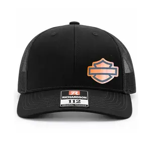 Motorcycle Leather Patch Trucker Hat - Richardson 112 Snapback Cap, Biker Mesh Back Hat for Men, Rider Lifestyle Hat, Black Leather Patch Cap, Motor Club Trucker Hat, Gift for Motorcycle Enthusiasts