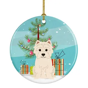 212 MAIN Merry Christmas Tree Westie Round Ceramic Ornament - 2.8" Diameter, Gloss Finish, Festive Decor, Ideal Gift for Friends, Paintable Room Decor for Home & Party