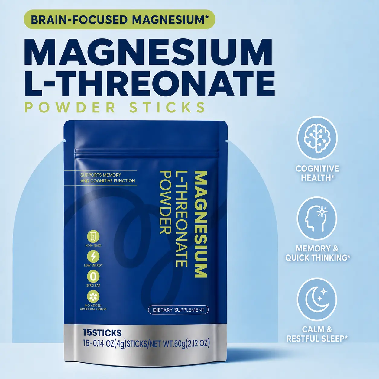 KOOVS Magnesium L-Threonate Powder Sticks - Single Serve Bioavailable Mg Supplement for Adults, Memory Boost & Cognitive Support, 15 Pre-Measured 4g GMO-Free Travel Packs, No Pills/Scooping, Just Add Water, Blood Pressure Control