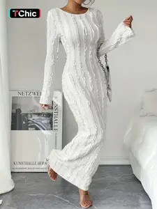 Elegant Long Sleeve Knit Bodycon Dress with Back Tie, New European Style Tight-Fitting Evening Gown, Women's Fashionable Chic Party Wear, Womenswear