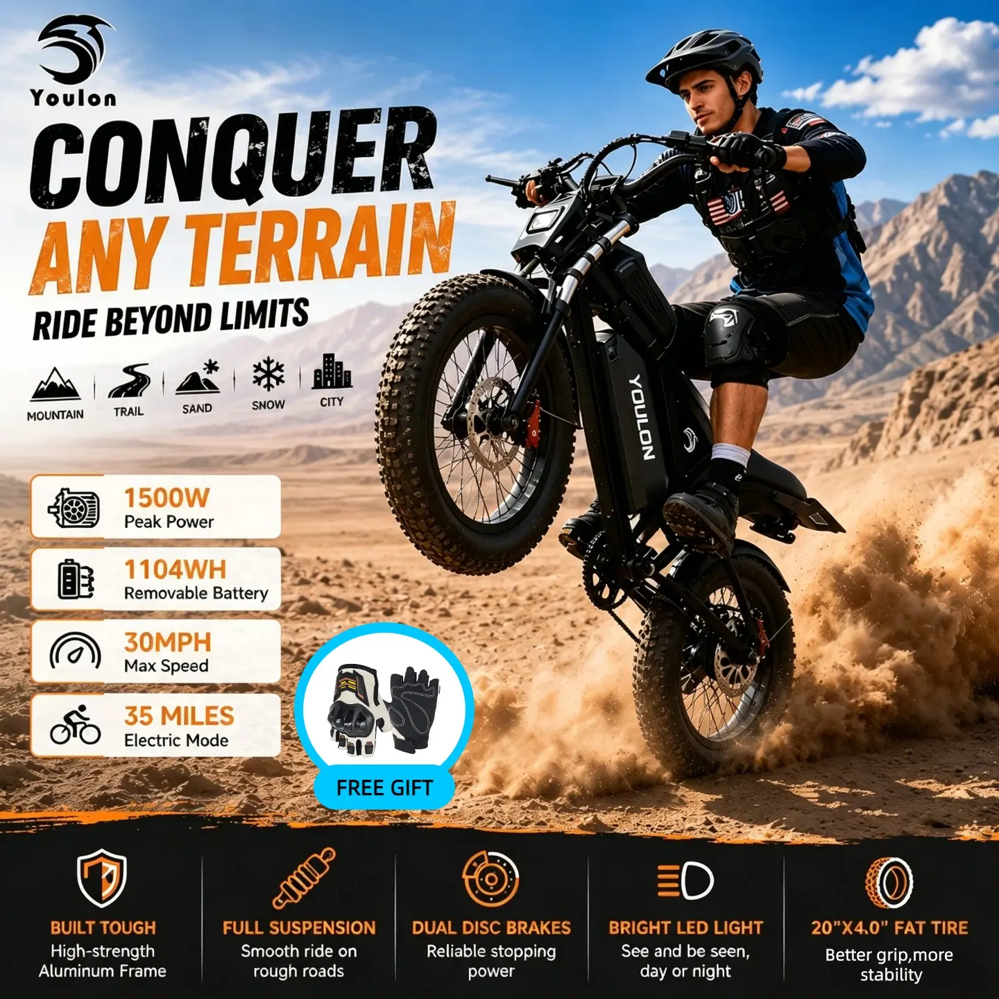 [Y10]YOULON 1500W Peak  Electric Bike for Adults, 30MPH, 48V 23Ah Removable Battery, 20"x4" Fat Tire All-Terrain Ebike, 7-Speed Shimano, Dual Hydraulic Brakes, Full Suspension, 330LBS Load, IPX6 Waterproof Off-Road E-Bike, Brushless Motor, Fastcharging