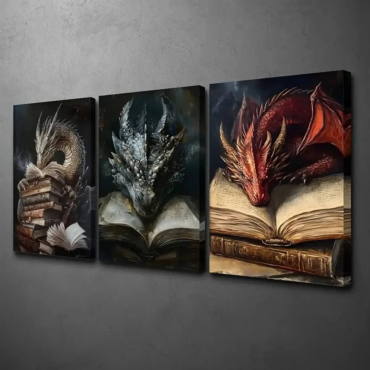 3pcs/set Frameless Dragon and Mythology Calligraphy and Painting Canvas Art Set - Living Room, Bedroom, Home Office Vibrant Fantasy Wall Decoration - Modern Classics