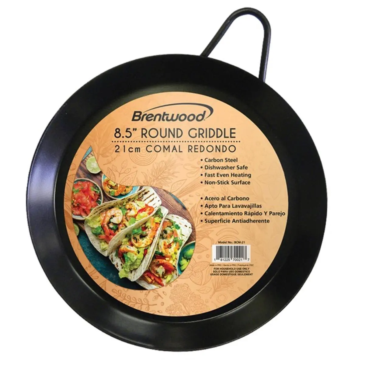 Brent Wood BCM-21 8.5 in. Carbon Steel Non-Stick Round Comal Griddle, Black