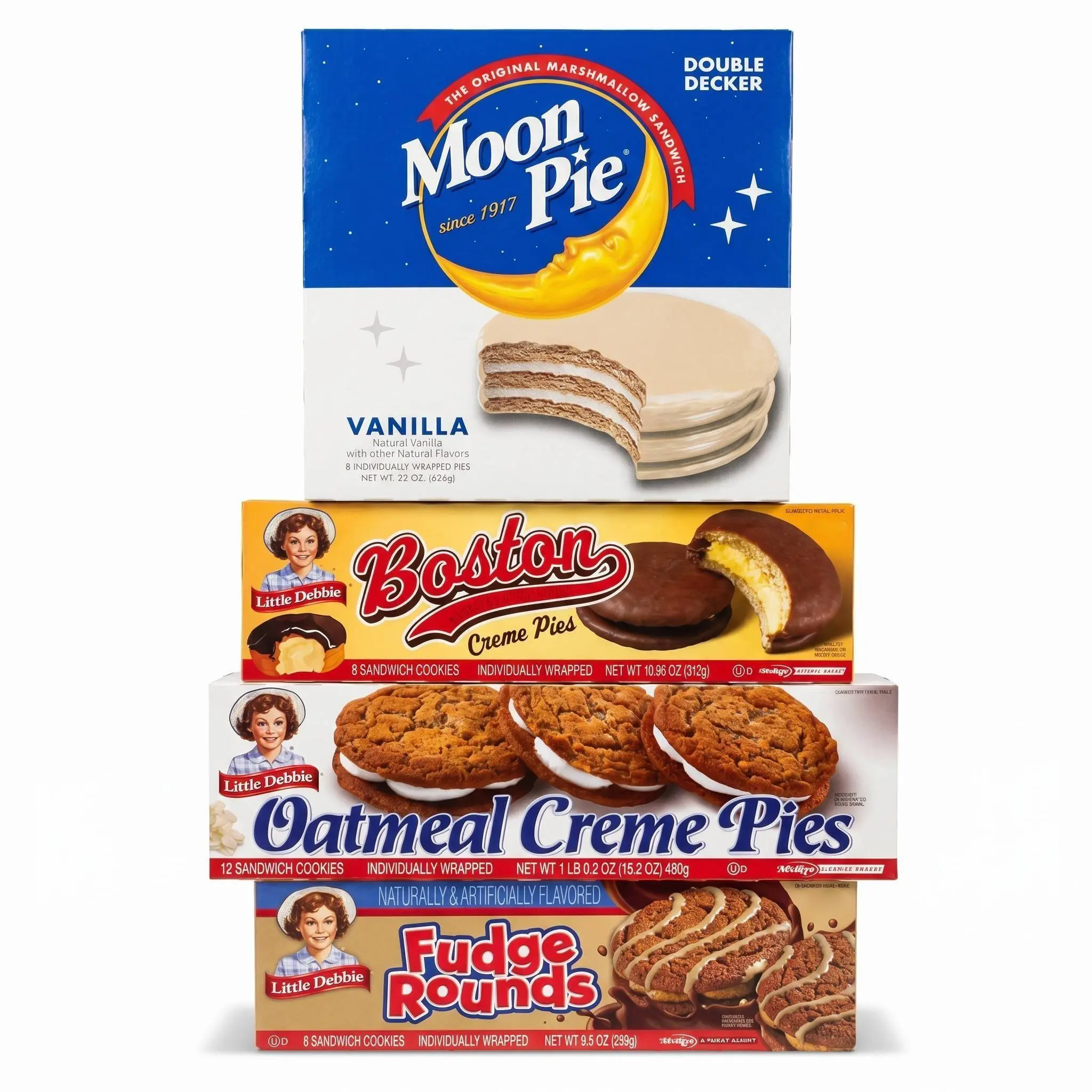 Snack Cake Variety Pack, Moon Pie Double Decker Vanilla, Little Debbie Boston Creme Pies, Fudge Rounds & Oatmeal Creme Pies, 32 Individually Wrapped Treats