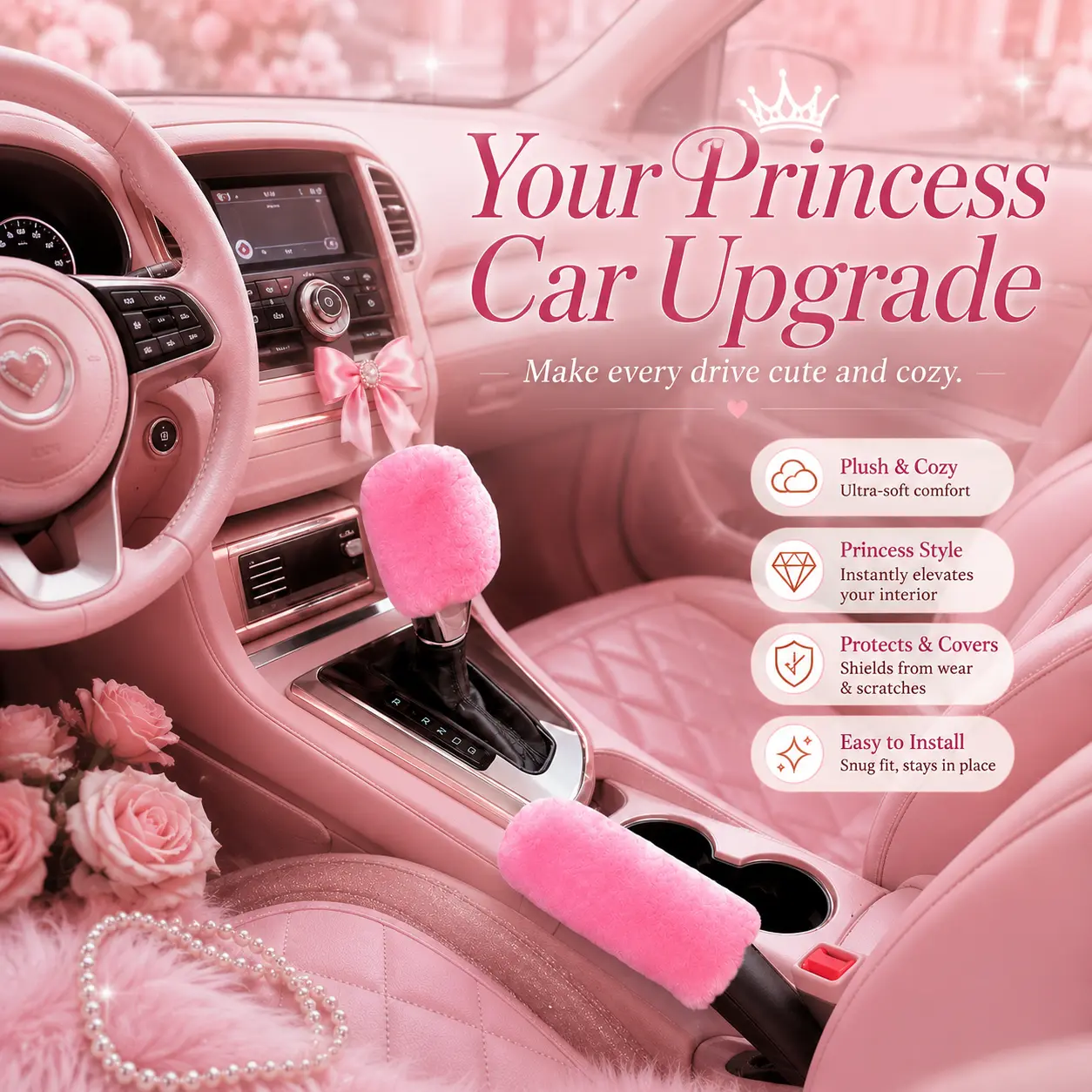 Fuzzy Gear Shift Knob Cover| Cute Pink Car Shifter Cover for Women & Men | Protects Hands from Extreme Temperatures | Handle Level Stick Handball Collar | Enhances Car Interior