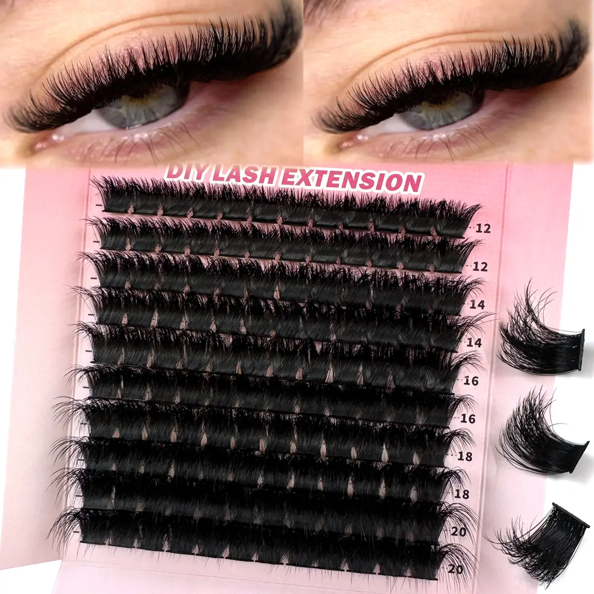 DIY Cluster Eyelashes 200pcs/180pcs/160pcs/140pcs/120pcs, Mixed Length 14-20mm, D Curl, Reusable, Dense, Easy to Use, for Professionals & Home Eyelash Extensions