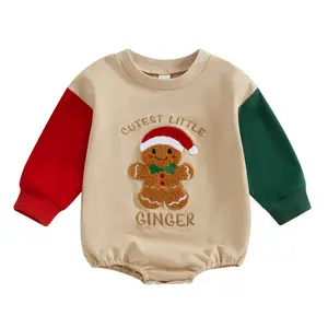 Canrulo Baby Boy Girl Christmas Outfit Gingerbread Man Embroidery Sweatshirt Romper Oversized Long Sleeve Bubble Romper