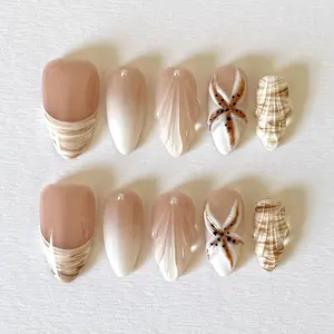 Sandy Dune Glow Press-on Nails  Summer Beach Vacation Nail, Coastal Elegance Nail, Hand-Sculpted 3D Shell & Starfish, Luxury Press-Ons GY972H