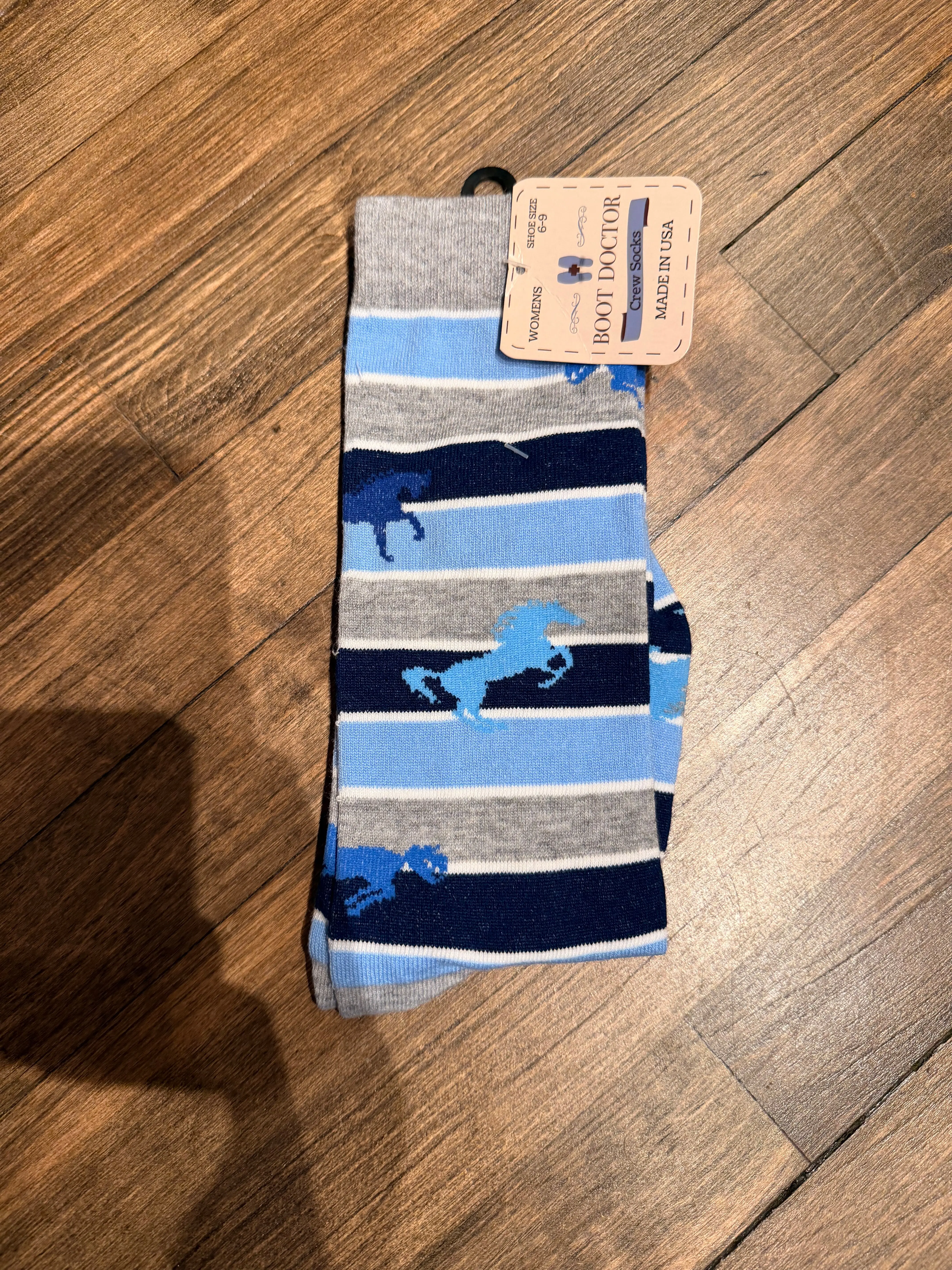 Wrangler Adult Boot Doctor Boot Socks, Sporty Western Crew Socks with a Blue Running Horse Pattern for Outdoor Sports, Sporty Sports Socks