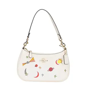 COACH Teri 24 Leather Shoulder Bag with Metal Logo Print and Zipper Closure for Women in Chalk Multi-Color