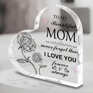 Acrylic Heart Shaped Ornament, Heart Plaque, Flower Pattern Desktop Decoration, Souvenir Paperweight, Elegant Gift for Mom, Home Decor, Festive & Party Supplies