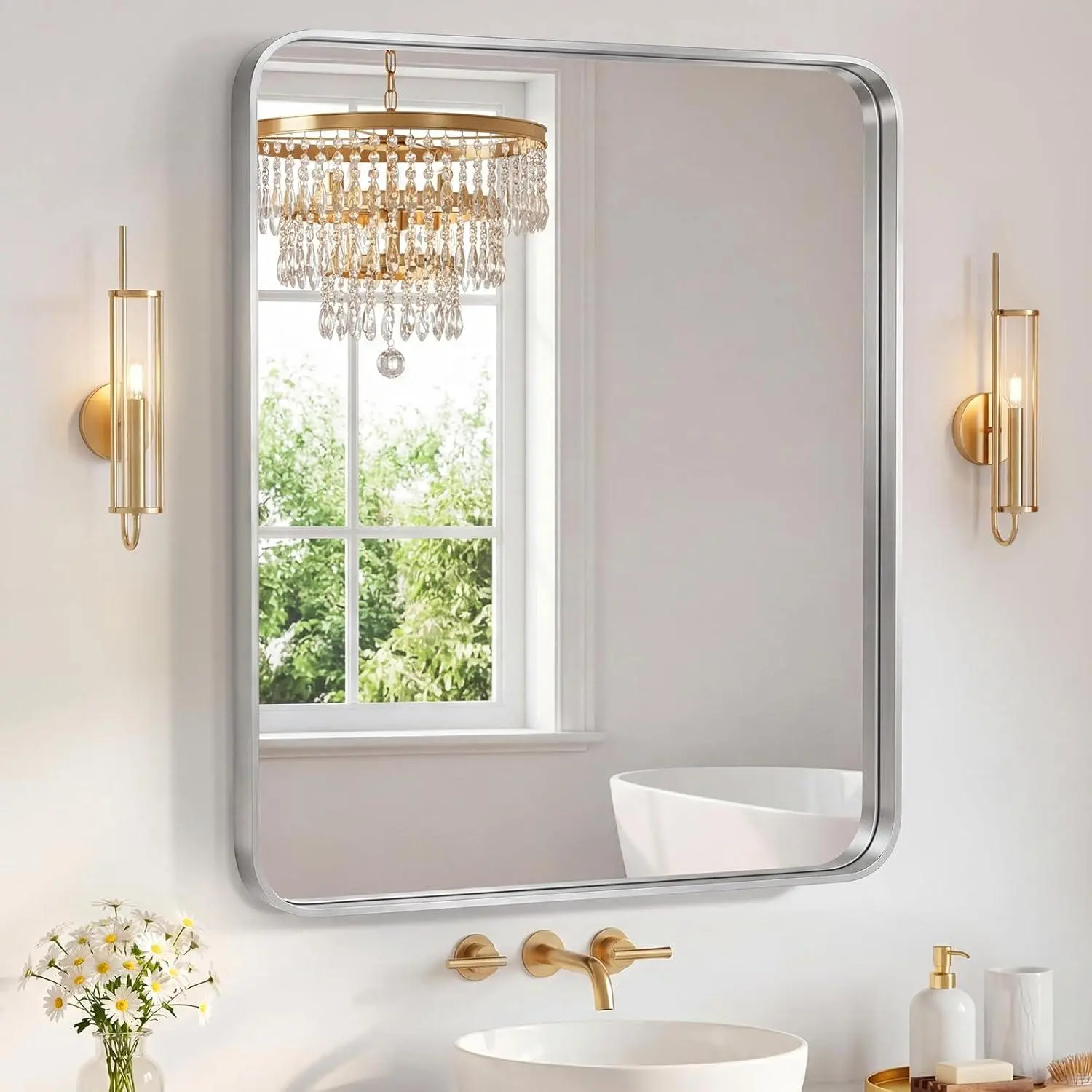 48 x 36 Inch Rounded Rectangle Bathroom Vanity Mirror, Anti-Rust Brushed Aluminum Metal Framed Wall Mirror, HD Tempered Glass Wall Mount Mirror, Horizontal & Vertical Hanging for Over Sink, Farmhouse & Modern Bathroom