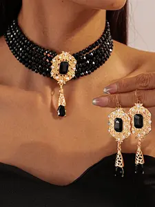 Vintage 5-Layer Handmade Beaded Necklace Set, Sapphire Blue Crystal Earrings Jewelry for Women Parties Weddings Holidays