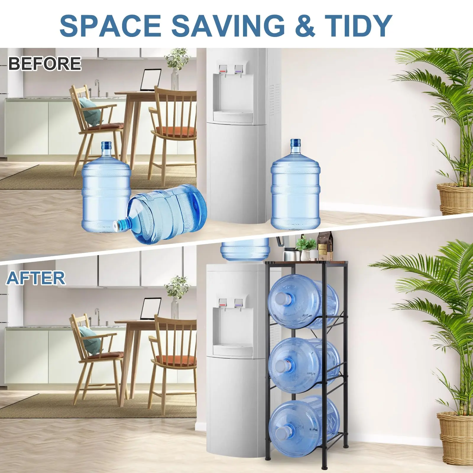 3-Tier Water Bottle Storage Rack with Wood Top, Black Metal Frame Holder for 5 Gallon Water Jugs, Space Saver Stand for Home Office