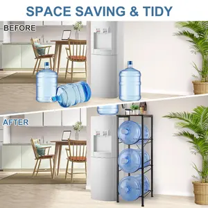 3-Tier Water Bottle Storage Rack with Wood Top, Black Metal Frame Holder for 5 Gallon Water Jugs, Space Saver Stand for Home Office