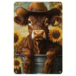 Vintage Rustic Highland Cow And Sunflower Metal Wall Art With Cowboy Hat Design Farmhouse Decor For Home Bar Cafe And Gifts No Electricity Needed