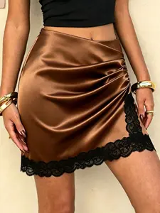 Brown Satin Ruched Mini Skirt With Black Lace Trim High Waist Slim Fit Elegant Short Skirt For Women Perfect For Daily Dating Party And Night Out Wear
