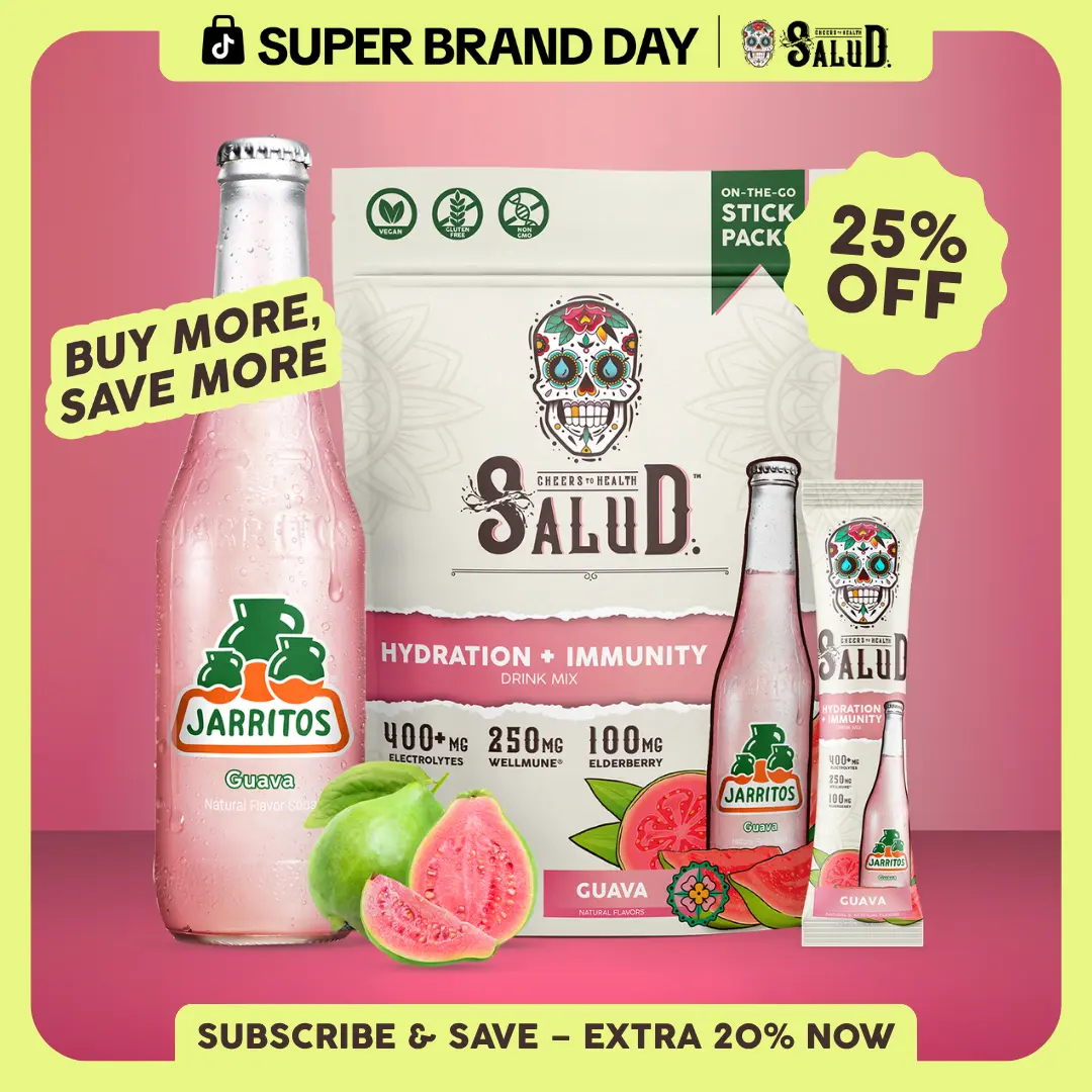 Salud x Jarritos 2-in-1 Guava Electrolytes Powder Beverage, Coconut-Infused Sport Drink Mix for Hydration & Immunity with Elderberry & Potassium, 1g Sugar, 15 Servings, Allergen-Free (Dairy, Soy, Gluten), Non-GMO, Vegan, Energy Boost