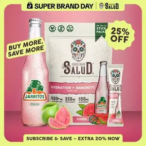 Salud x Jarritos 2-in-1 Guava Electrolytes Powder Beverage, Coconut-Infused Sport Drink Mix for Hydration & Immunity with Elderberry & Potassium, 1g Sugar, 15 Servings, Allergen-Free (Dairy, Soy, Gluten), Non-GMO, Vegan, Energy Boost