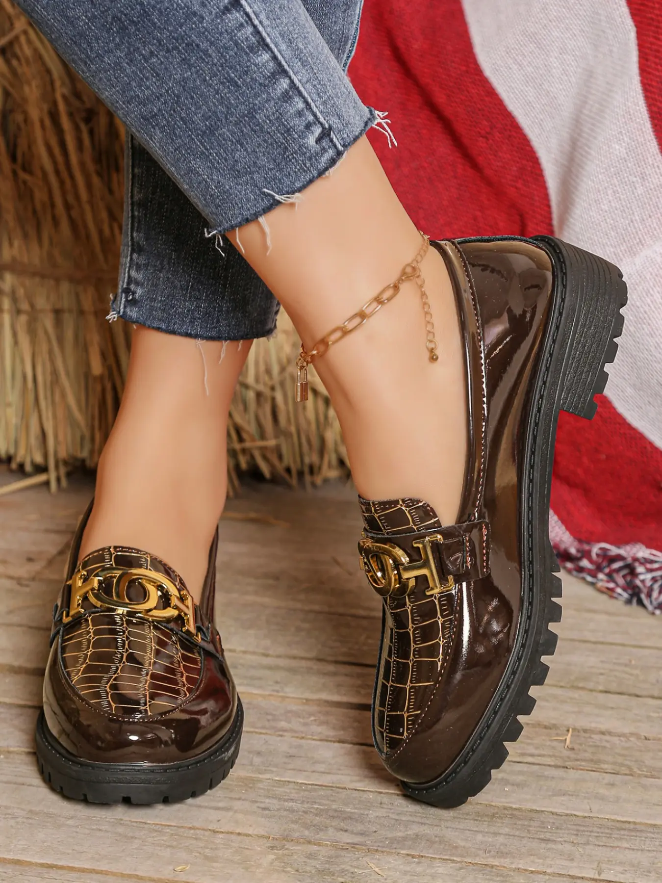 Comfortable Women's Flat Loafers, Round Toe Flats Design, Fresh Colors, Preppy Style, Thick Sole Rubber Casual Shoes, Plaid Decor, All Seasons, Footwear