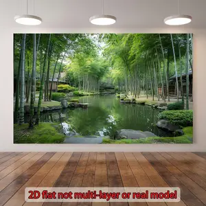 1PC,2D Flat Japanese Bamboo Forest Pond Backdrop, Event Shooting Decoration Curtain, Festival Atmosphere Decoration Background Wall, Natural Landscape Themed Photography Backdrop, Courtyard - style Sc