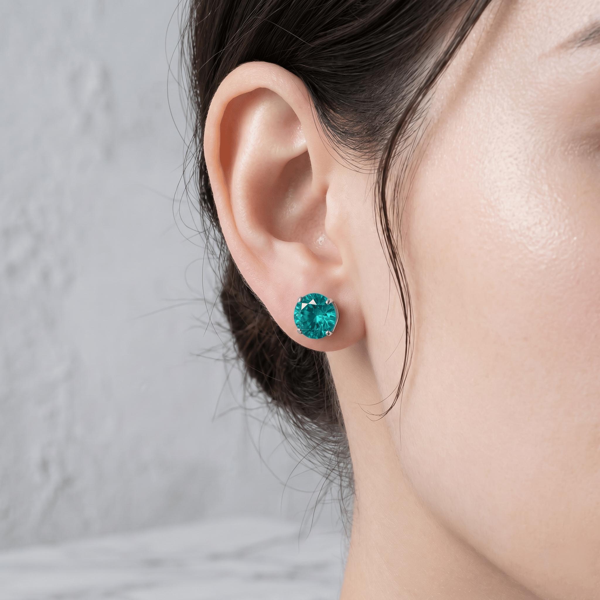 Sterling Silver Flat Back Gemstone Stud Earrings, 8mm Round Teal Blue CZ Disc Studs, Hypoallergenic 4-Prong Basket Setting, Aquamarine-Tone Earring Back Jewelry for Sensitive Ears (Gift for Cartilage Tragus Helix), Flat Back Earrings