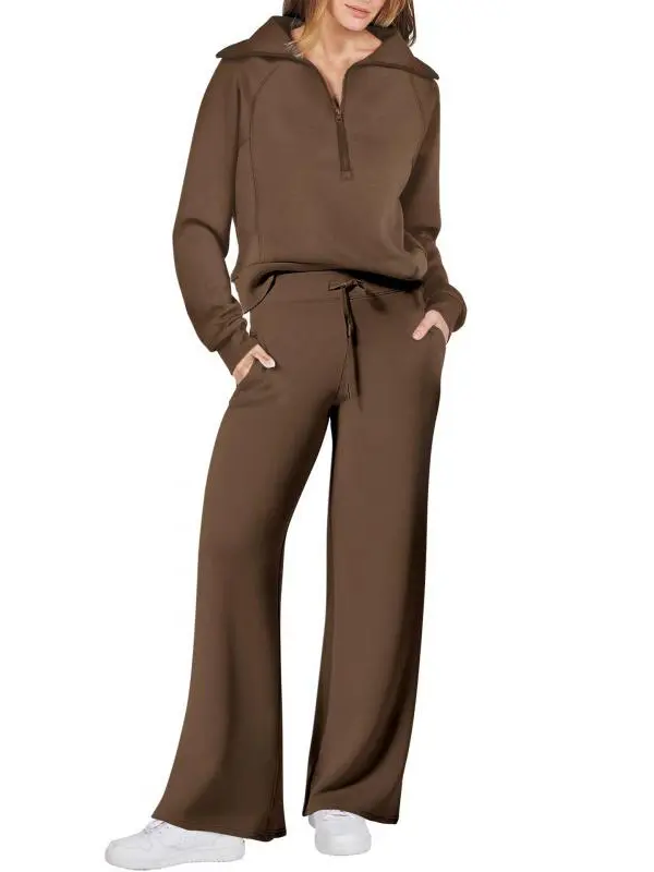 Women's 2-Piece Stretchy Sports Set, Casual Lapel Half-Zipper Sweatshirt & Wide-Leg Pants, Sporty Style Outfits for Gym Athletic Activewear