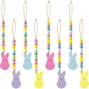 8pcs Easter Wood Bead with Tassels, Peeps Bunny Wooden Ornament Decoration,-Sided Colorful Pendant Hang with Rope for Easter Tree Wall