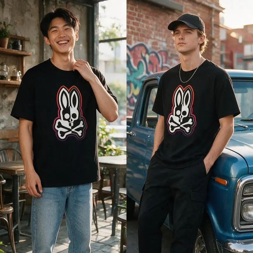2026 Summer Menswear Short-Sleeve T-Shirt - Unisex Round Neck Streetwear Top, Black & White Bone Rabbit Graphic, Casual Loose Couple Style, Breathable Soft Trendy Youthful Clothing Crewneck Tshirt
