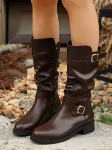 Women's Vintage Metal Buckle Long Booties, New Western Style Mid-Calf Knight Boots, Fashionable Stack Heel Shoes for Women