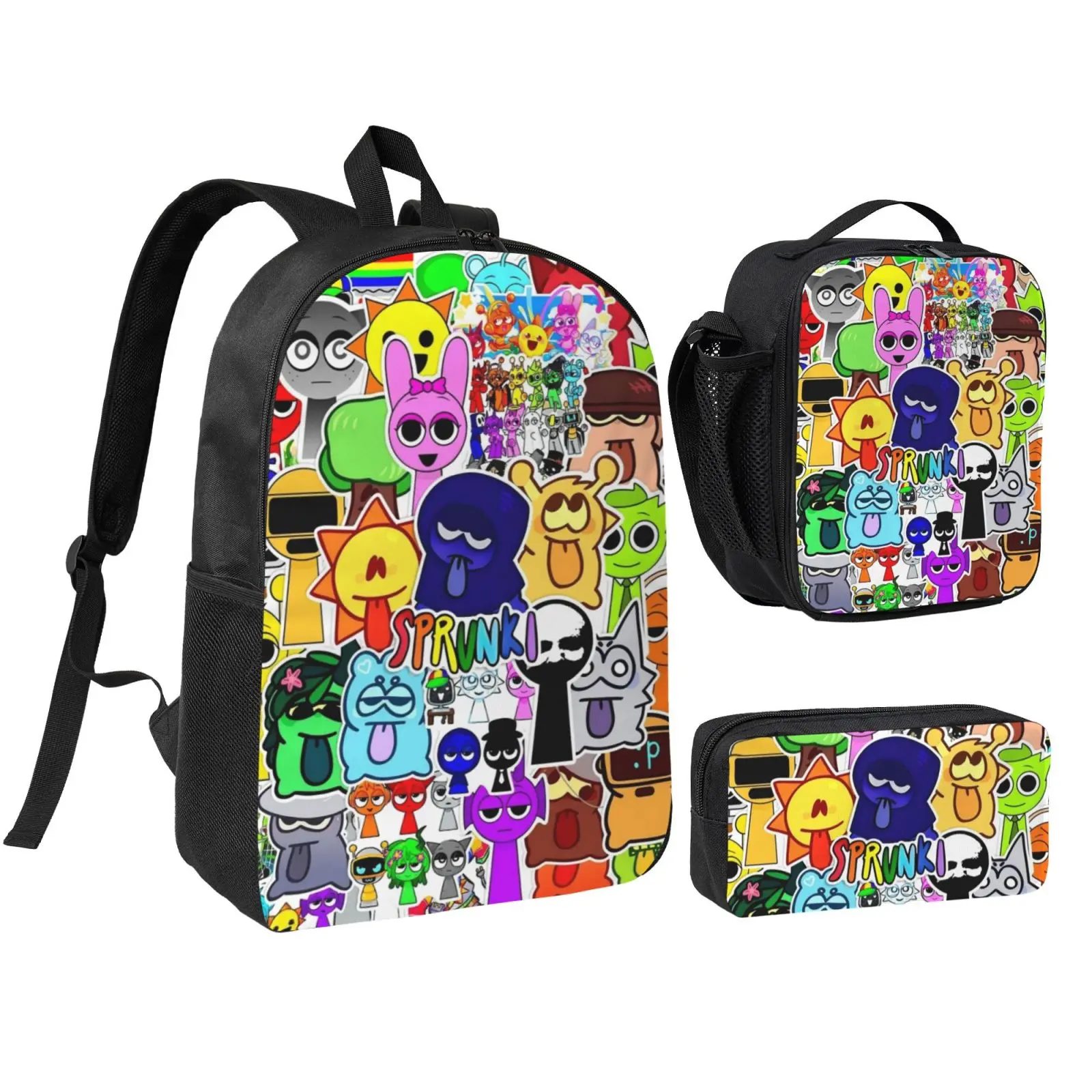 Sprunki Cute Cartoon 3-Piece Backpack Set (Includes Pencil Case and Lunch Bag) — A travel and everyday backpack featuring game-inspired cartoon graphics; suitable for students (boys and girls) and teenagers, as well as for school, work, and daily use.