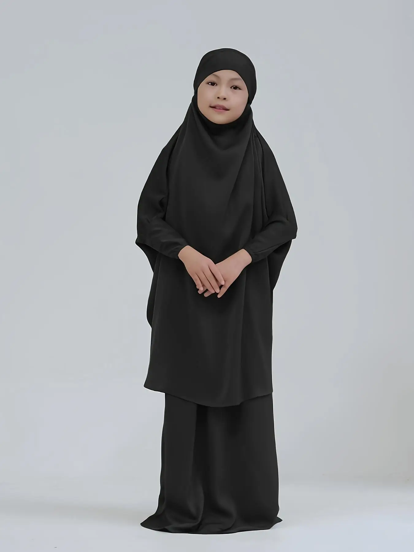Girl's Solid Batwing Sleeve Integrated Hijab Abaya & Elastic Waist Skirt Set, Modest Casual Muslim Outfits for Daily Wear, Kids Clothing for Summer
